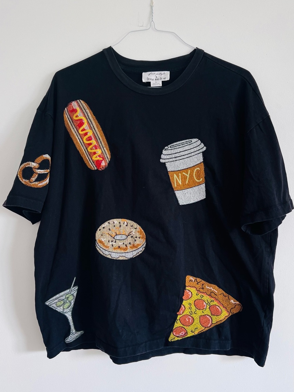 Free People Black Tee with Colorful Food Embroidered Patches